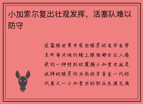 小加索尔复出壮观发挥，活塞队难以防守